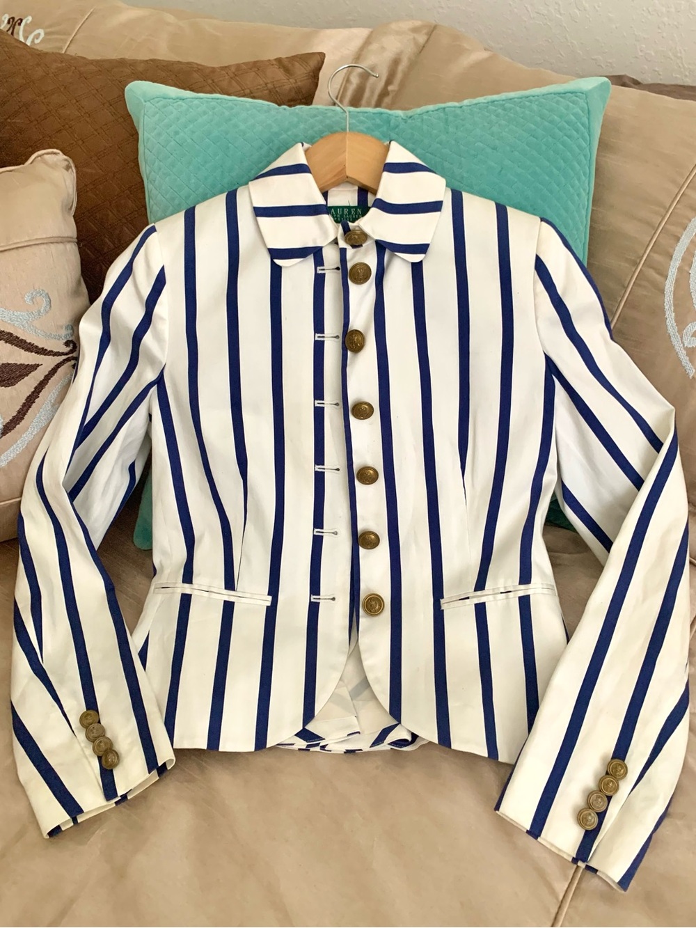 Ralph Lauren Navy Blue & White Nautical Striped Button-Front Jacket Blazer
